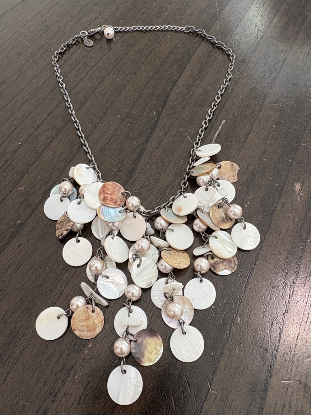 Cookie Lee Shell Disc & Pearl Drop Statement Necklace - White, Cream, Brown